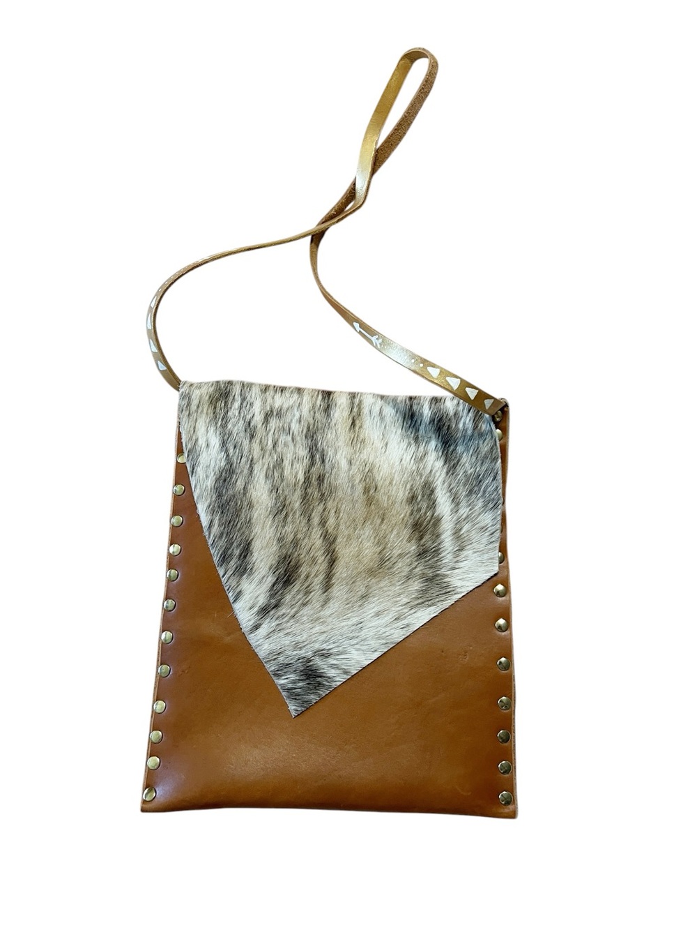 Handmade Leather Crossbody Bag with Hair-on Hide Accent - Brown